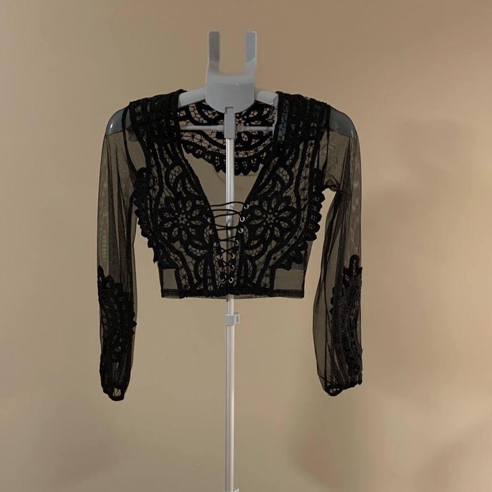Fashion Nova Black Sheer Lace Blouse xsmall cropped long sleeves